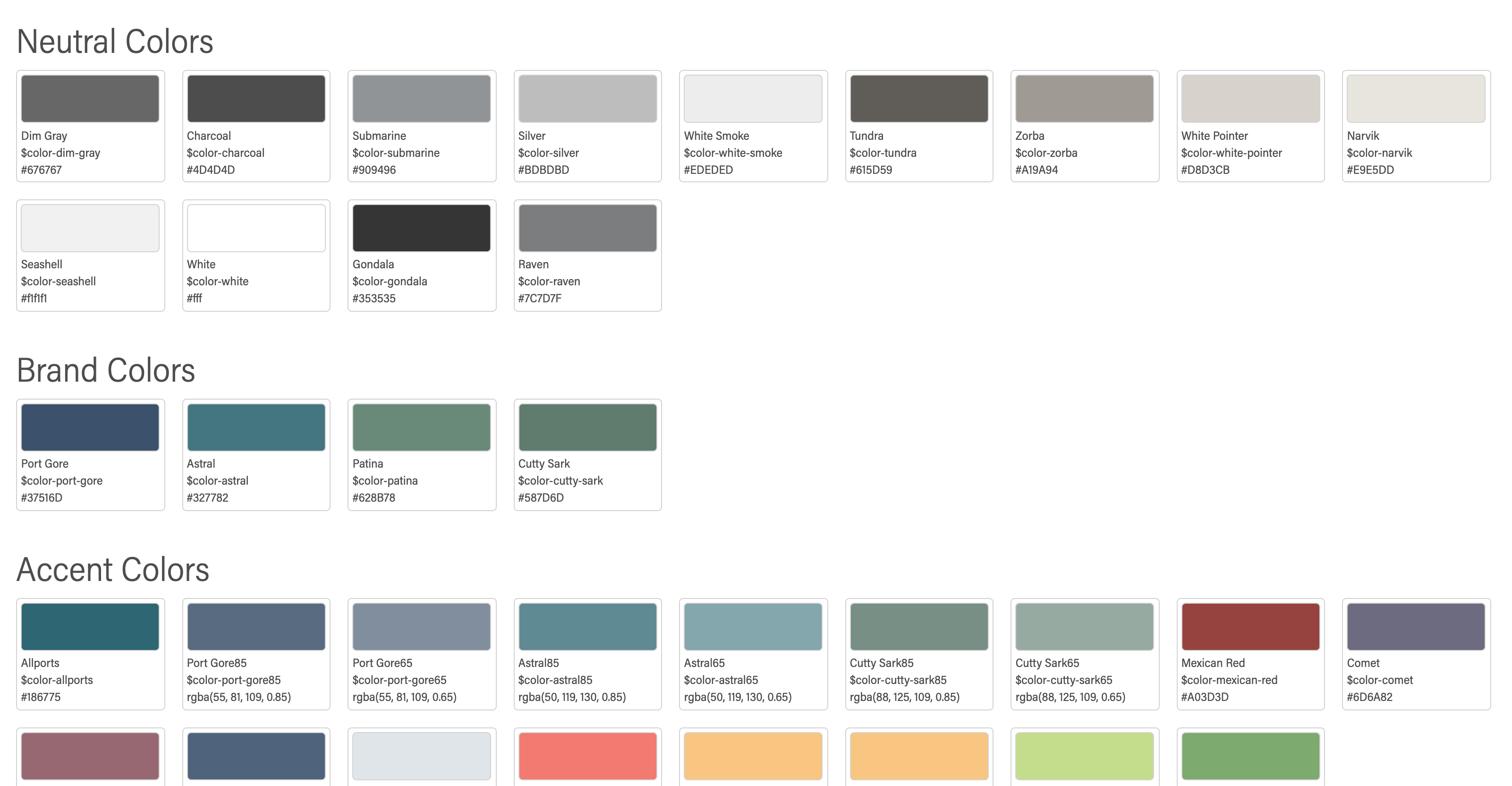 The color swatches, grouped by type in Storybook.
