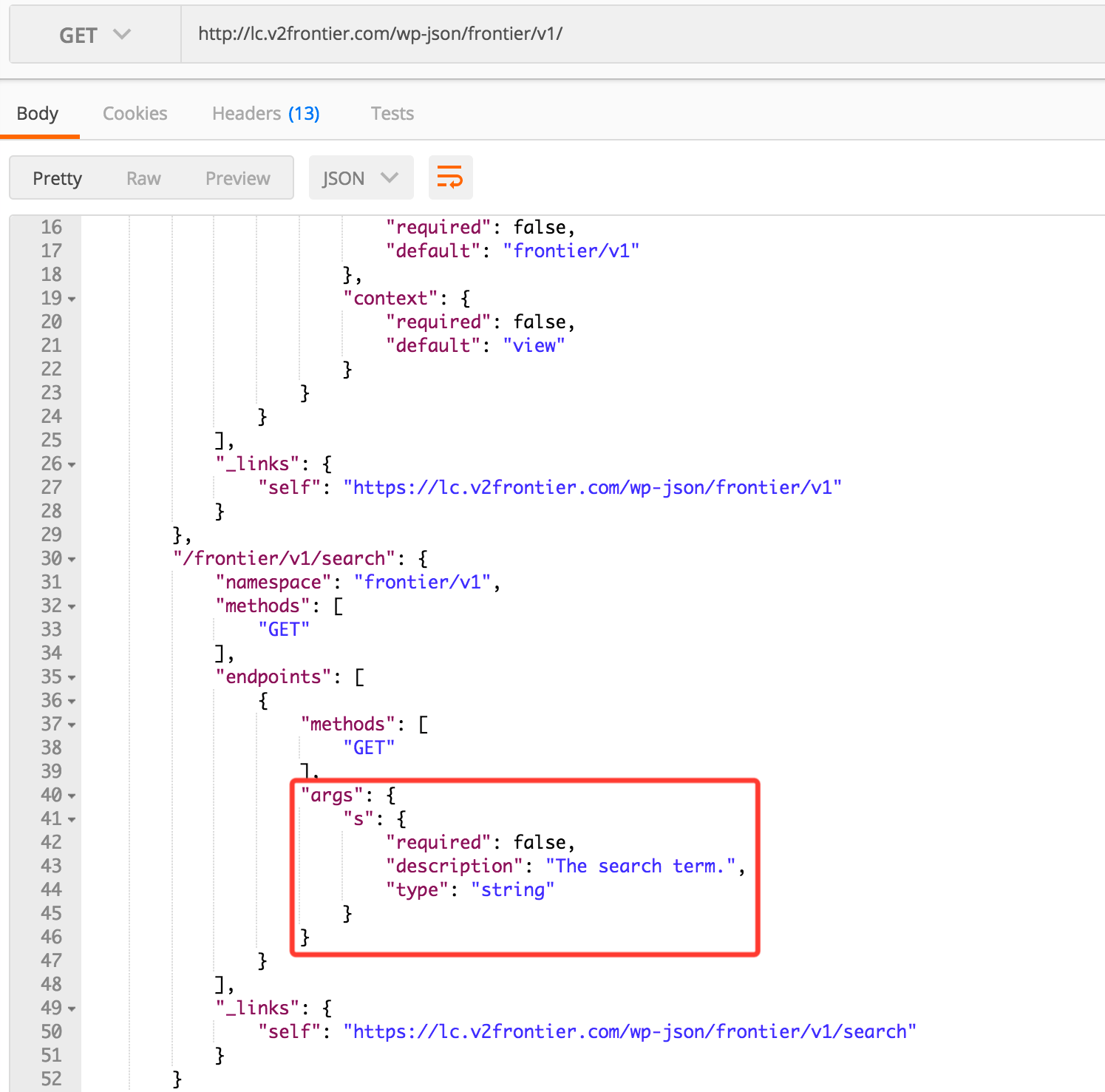 A preview of the endpoint information returned by WordPress. (Preview generated via the Postman app)